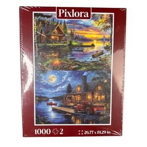 Pixlora Scenery Series 1000 Piece Jigsaw Puzzles 2 Pack Lake and Night Cabin